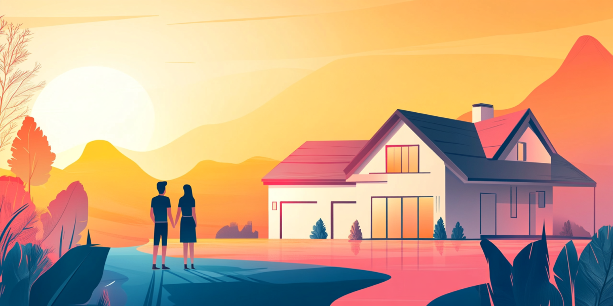 Couple looking at their house - representing home ownership and new beginnings